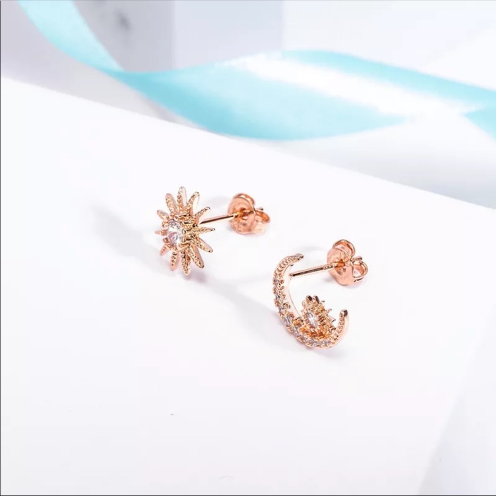 Gold Plated Star Moon Earrings - Picture 2 of 5